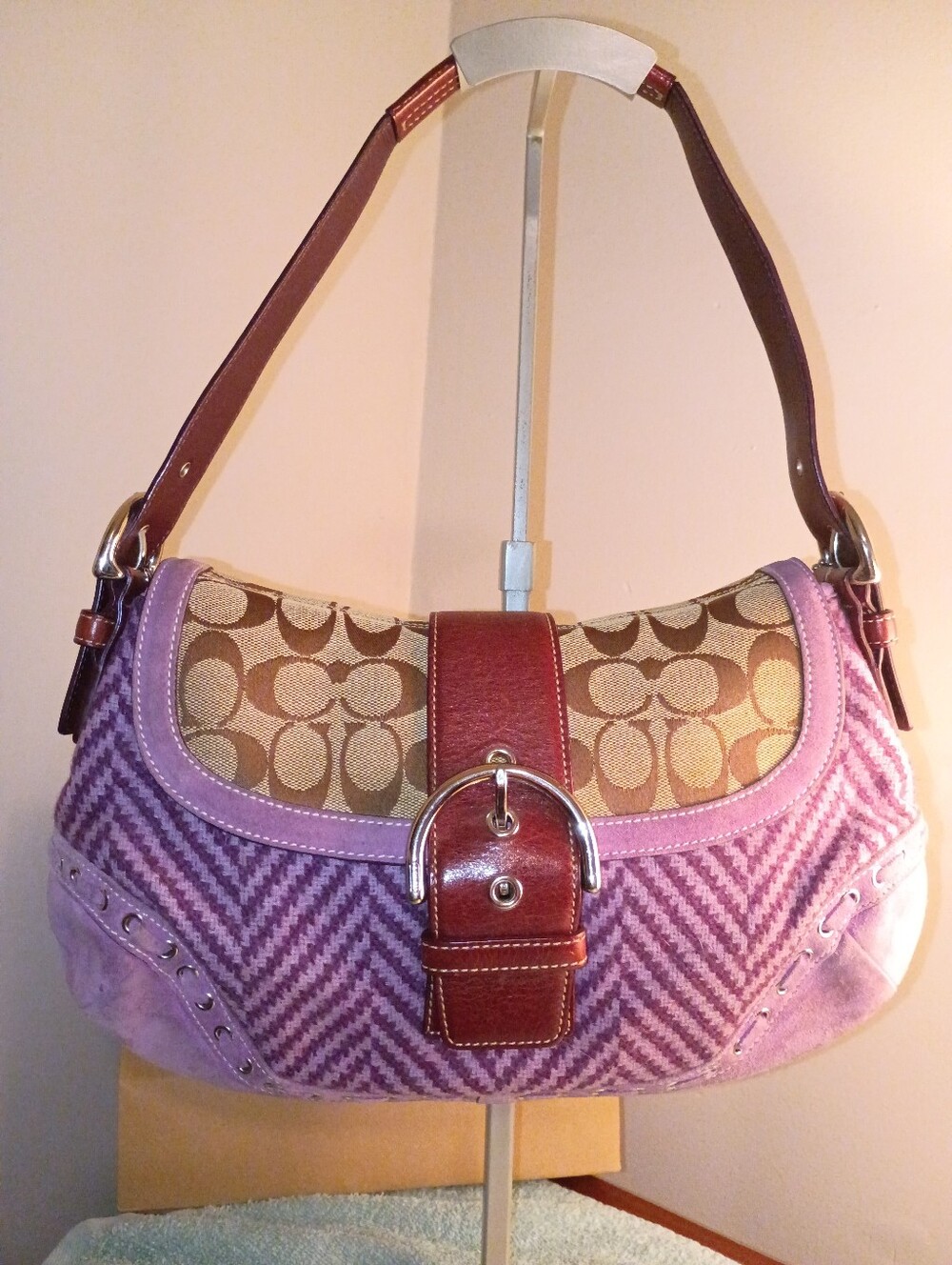Coach Soho Lavender Chevron & Signature Shoulder Bag with Brown Leather Trim